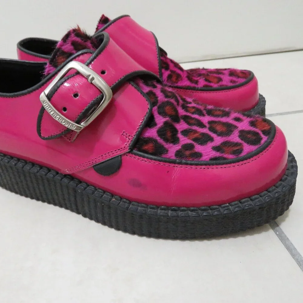 UNDERGROUND ENGLAND King Tut Pink Patent Leopard Print Pony Hair Creeper Shoes - Picture 8 of 16